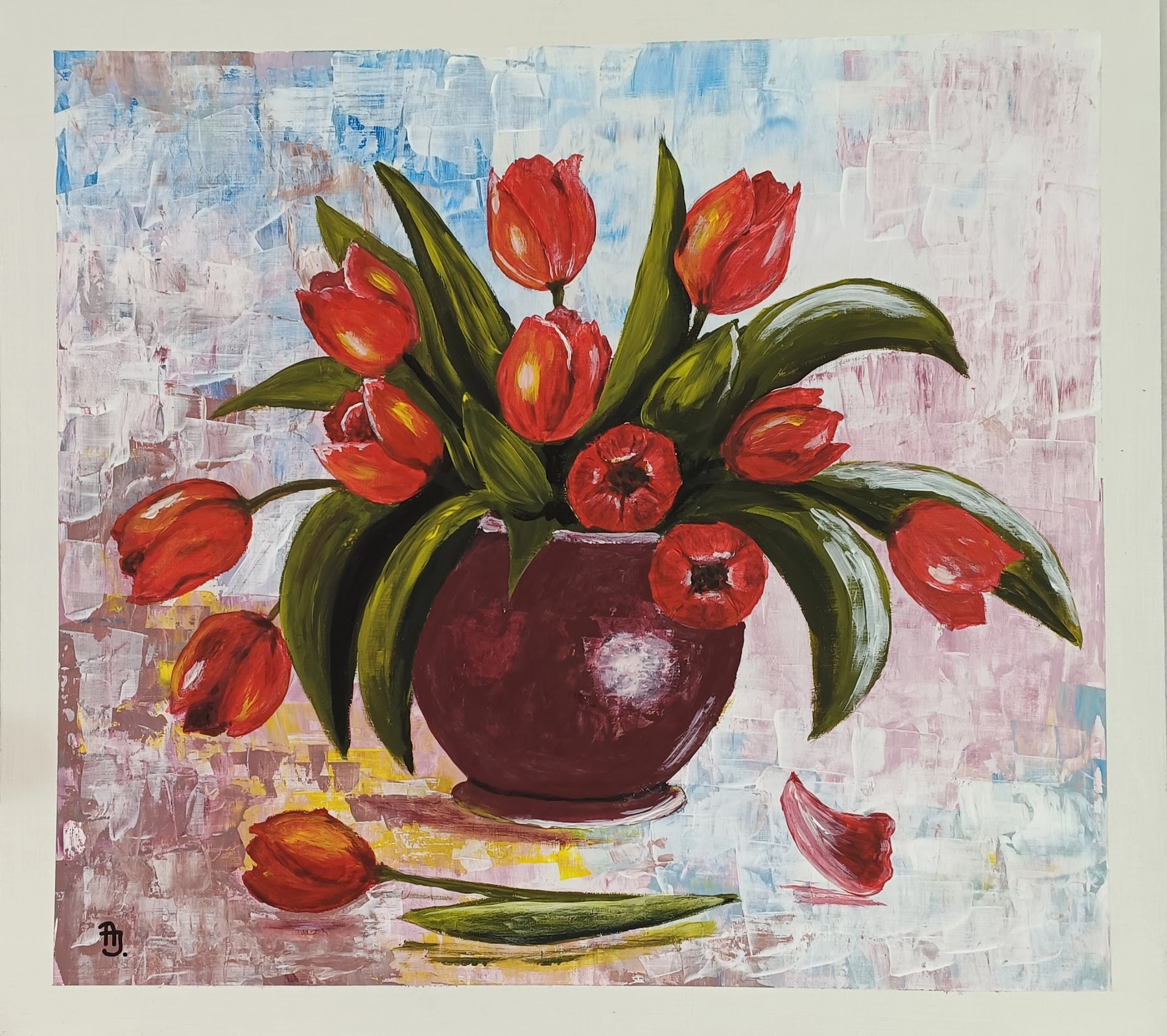 Festmény 105 - Tulipánok bordó vázában - 2