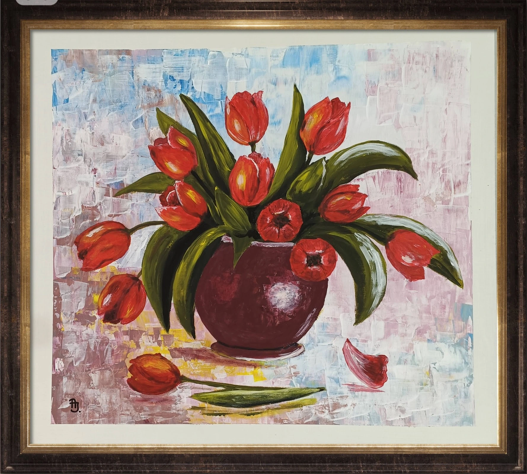 Festmény 105 - Tulipánok bordó vázában - 3