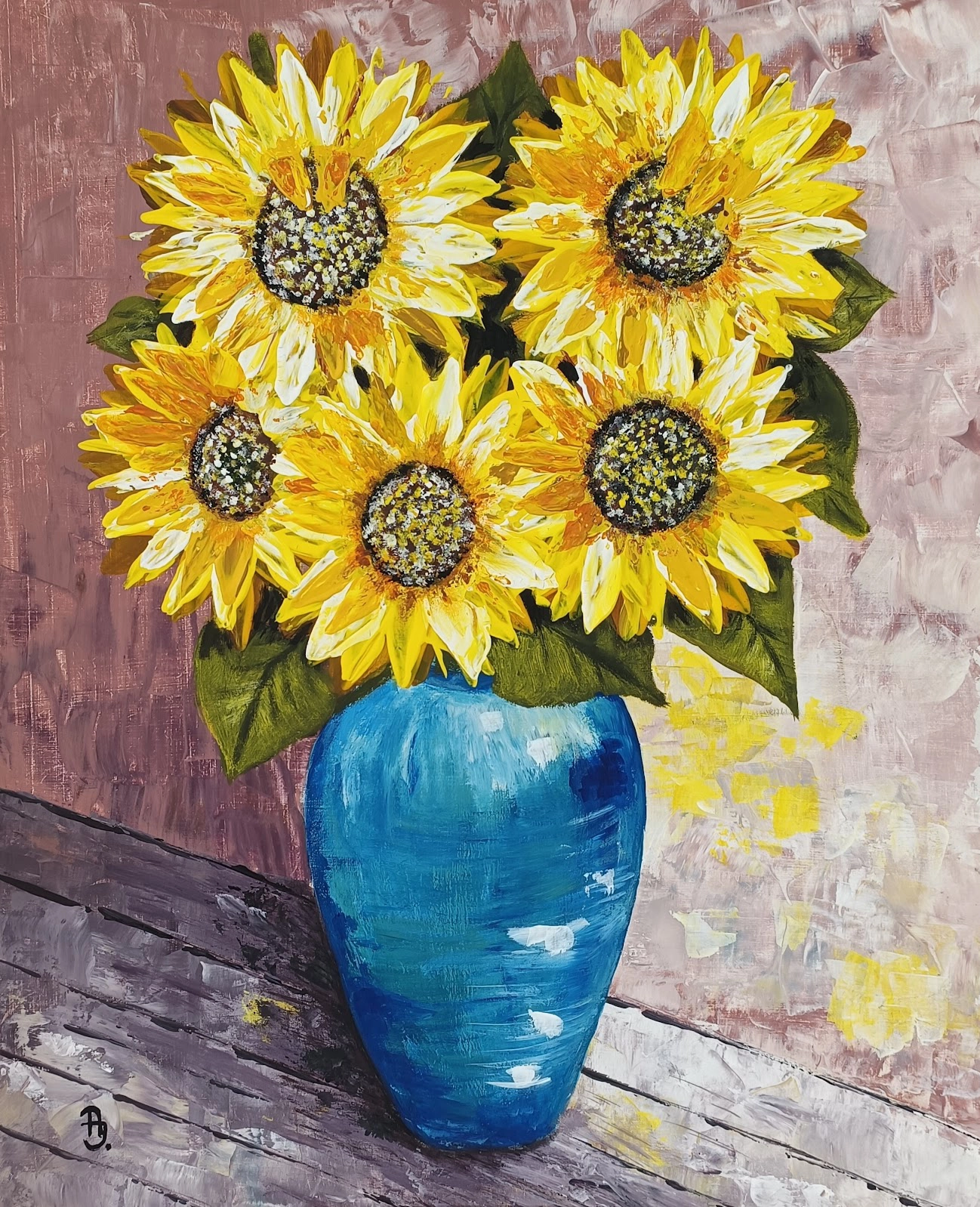 Festmény 107 - Napraforgók kék vázában - 2
